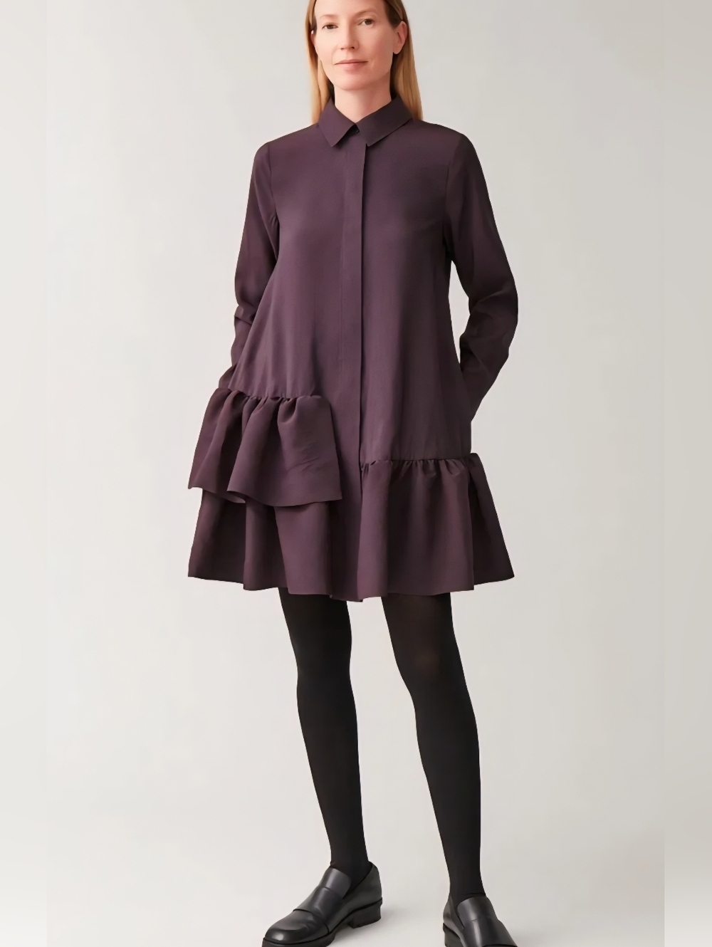 COS Ruffle Peplum A-Line Swing Dress Modern Lagenlook Artsy Pockets Size 12
